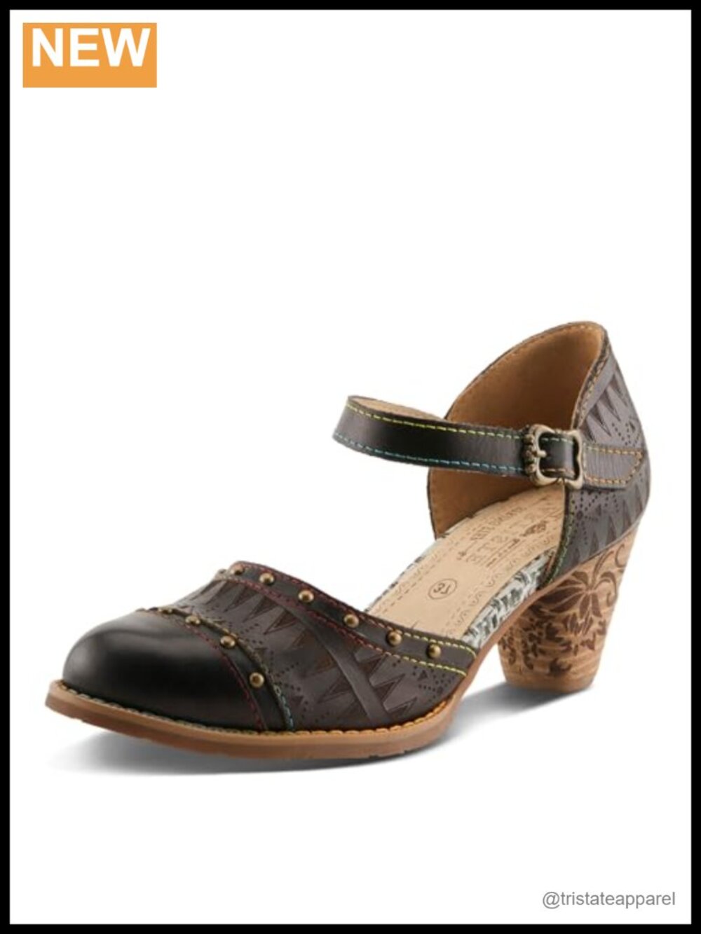 Hand-Painted Hook-and-Loop Mary Jane Geometric Faux Stacked Heel